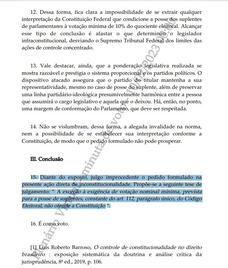 URGENTE: Ministro Luiz Barroso dispensa votação mínima de 10% do quociente eleitoral para suplentes