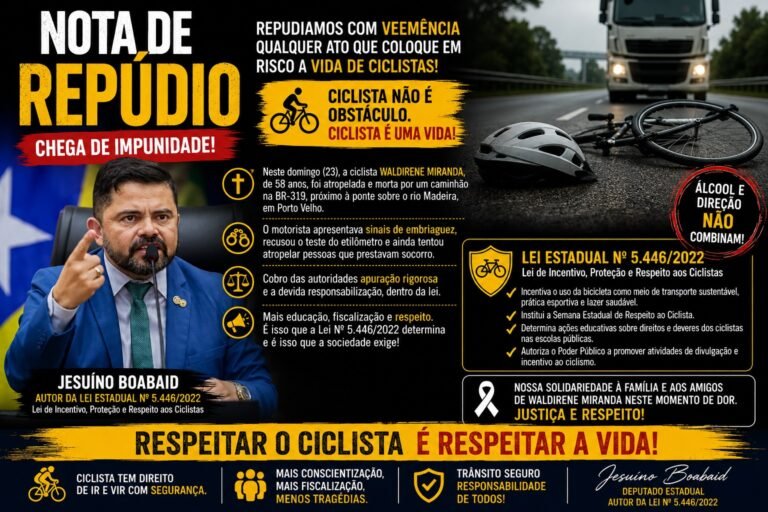 NOTA DE REPÚDIO- JESUÍNO BOABAID REPUDIA MORTE DE CICLISTA NA BR-319 E COBRA RIGOR NA APURAÇÃO E MAIS PROTEÇÃO A QUEM PEDALA